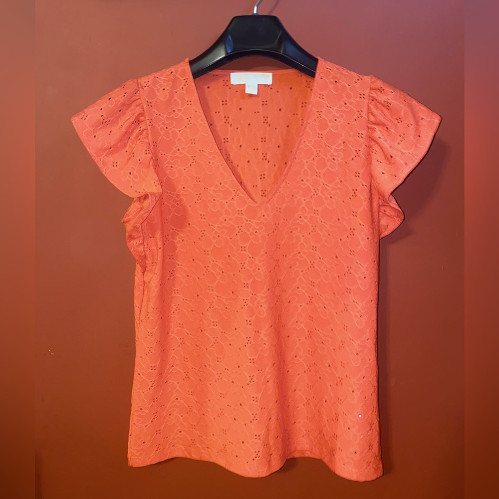 Michael Kors blouse flutter sleeves coral